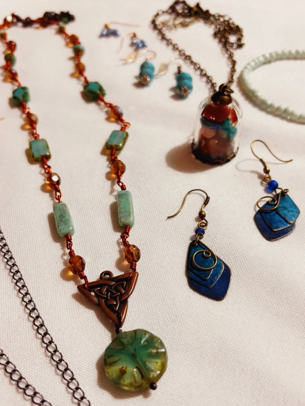 Fairy bundle Green and Amber Beaded Necklace with Copper Accents